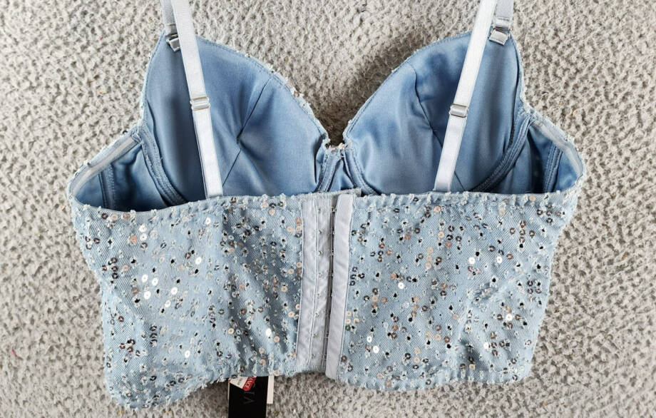 Gracia Sequined Crop Top Women's M Blue Denim Sweetheart Neck Hook & Eye Closure