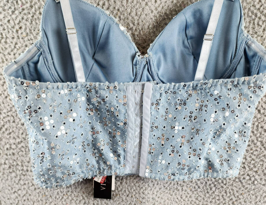 Gracia Sequined Crop Top Women's M Blue Denim Sweetheart Neck Hook & Eye Closure