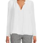 Calvin Klein Plus Size Textured Tie-Neck Top Women's 0X White Ruffle Trim L/S