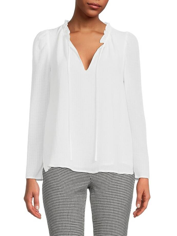 Calvin Klein Plus Size Textured Tie-Neck Top Women's 0X White Ruffle Trim L/S
