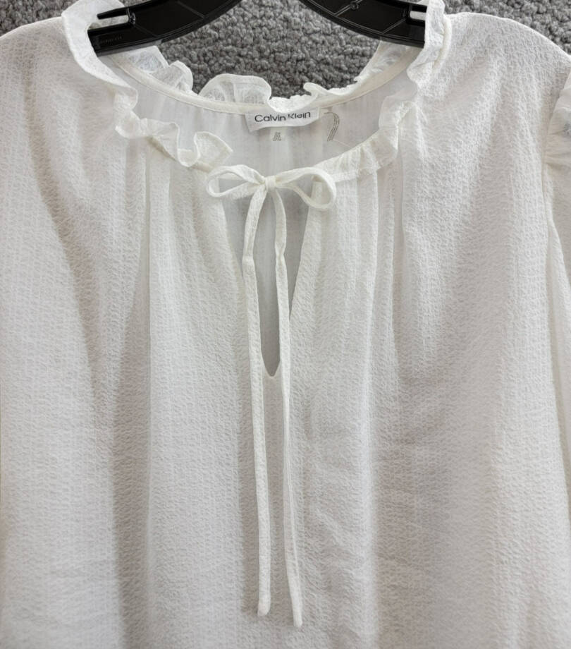 Calvin Klein Plus Size Textured Tie-Neck Top Women's 0X White Ruffle Trim L/S