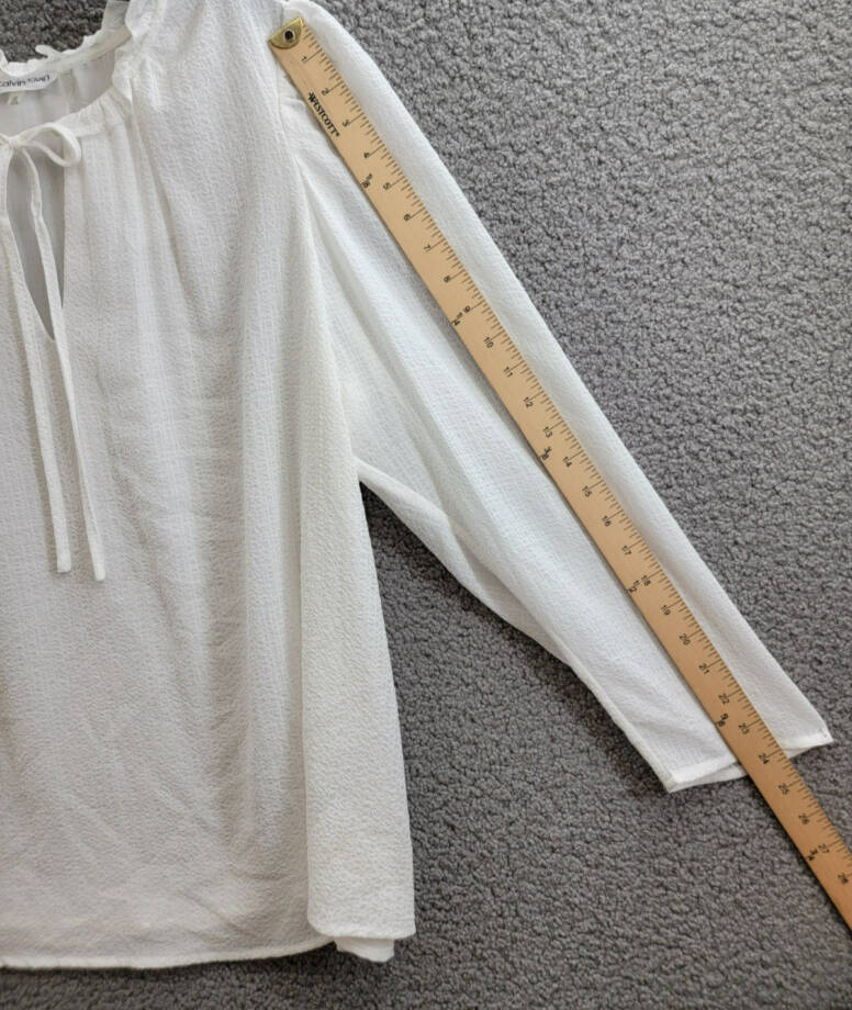 Calvin Klein Plus Size Textured Tie-Neck Top Women's 0X White Ruffle Trim L/S