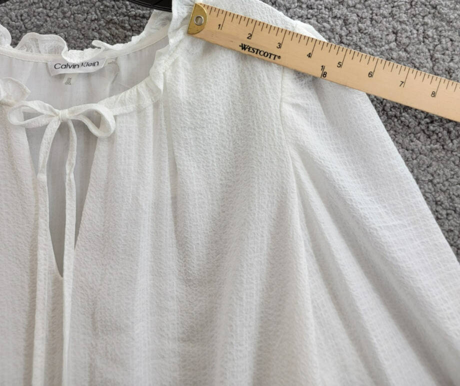 Calvin Klein Plus Size Textured Tie-Neck Top Women's 0X White Ruffle Trim L/S