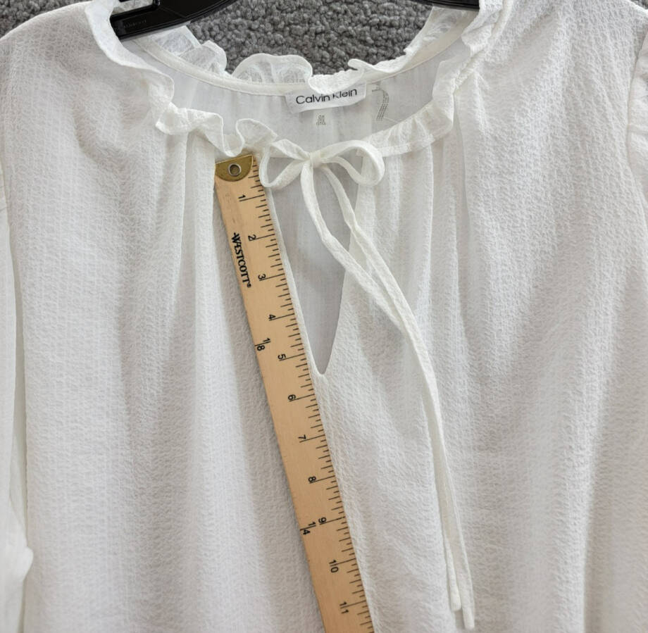 Calvin Klein Plus Size Textured Tie-Neck Top Women's 0X White Ruffle Trim L/S