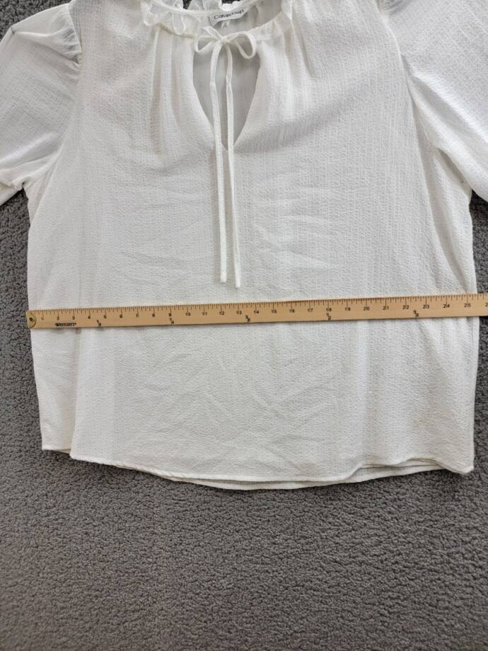 Calvin Klein Plus Size Textured Tie-Neck Top Women's 0X White Ruffle Trim L/S