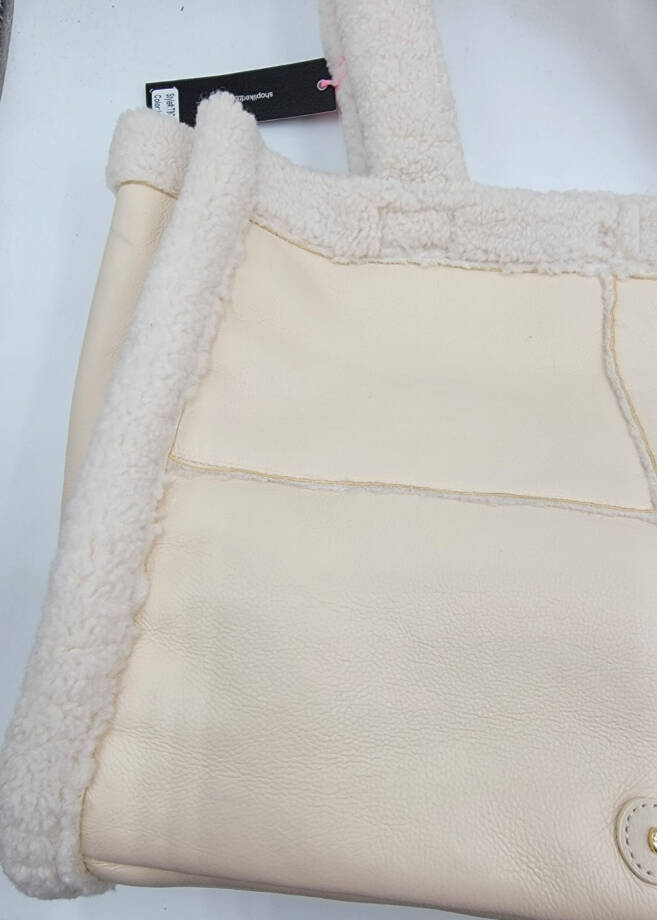LIKE DREAMS Sherpa Tote Bag Women's Ivory Double Handle Hook Closure