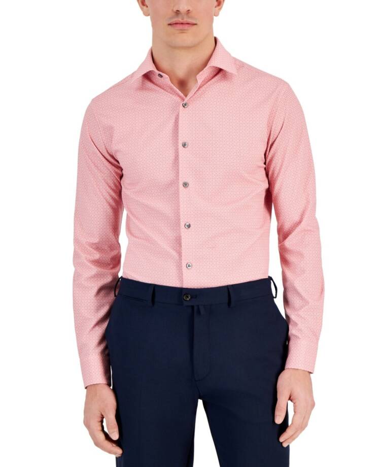 Alfani Slim-Fit 4-Way Stretch Medallion Dress Shirt Men's 15-15.5 32-33 Pink L/S