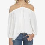 1.STATE Off-The-Shoulder Halter Top Women's XXS Cloud Button Back Long Sleeve