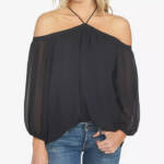 1.STATE Off-The-Shoulder Halter Top Women's XXS Black Button Back Long Sleeve