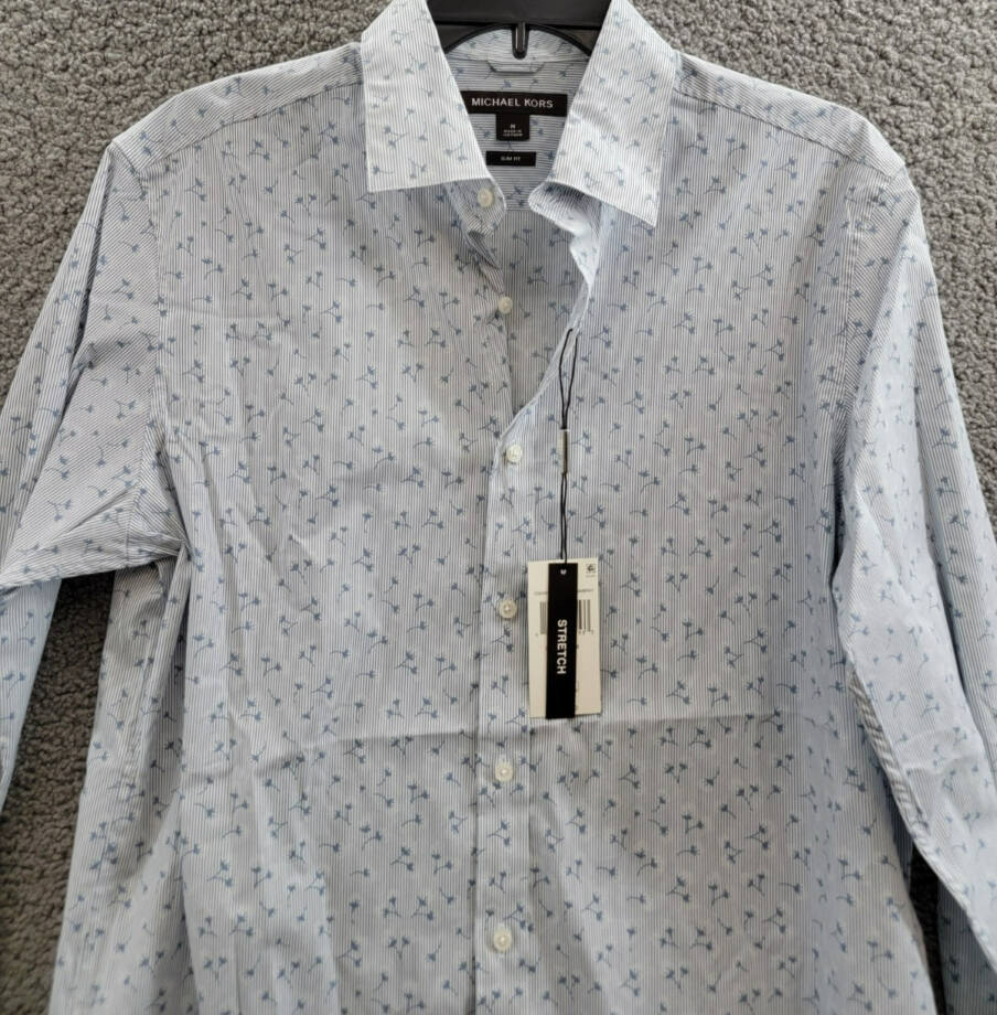 Michael Kors Slim Fit Long Sleeve Button Front Shirt Men's M Chambray Floral