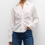 PAIGE Alera Ruched Button Front Top Women's XS White Point Collar Long Sleeves~