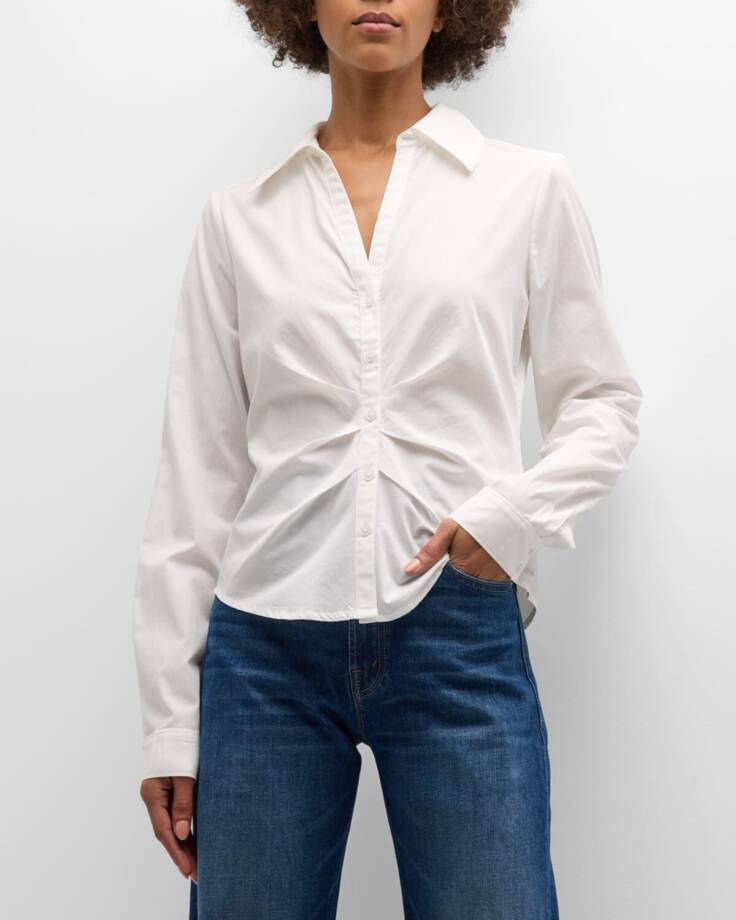 PAIGE Alera Ruched Button Front Top Women's XS White Point Collar Long Sleeves~