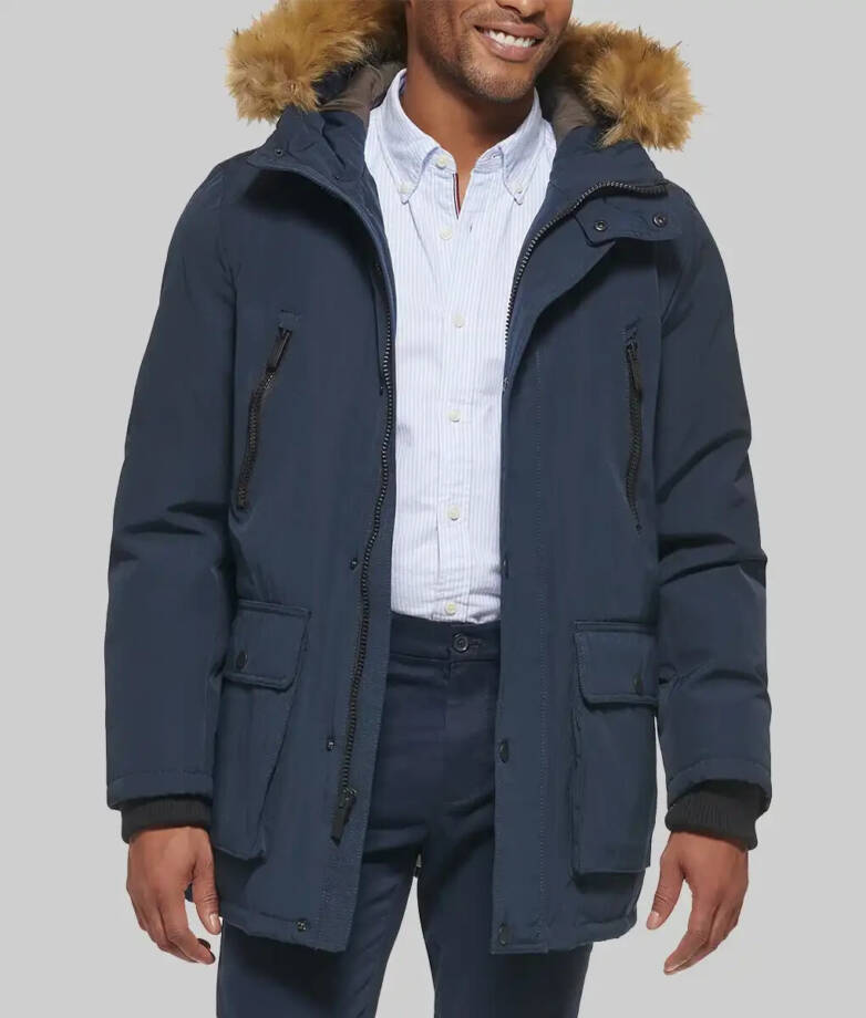 Club Room Parka Faux Fur-Hood Jacket Men's M Navy Pockets Long Sleeve Snap Zip