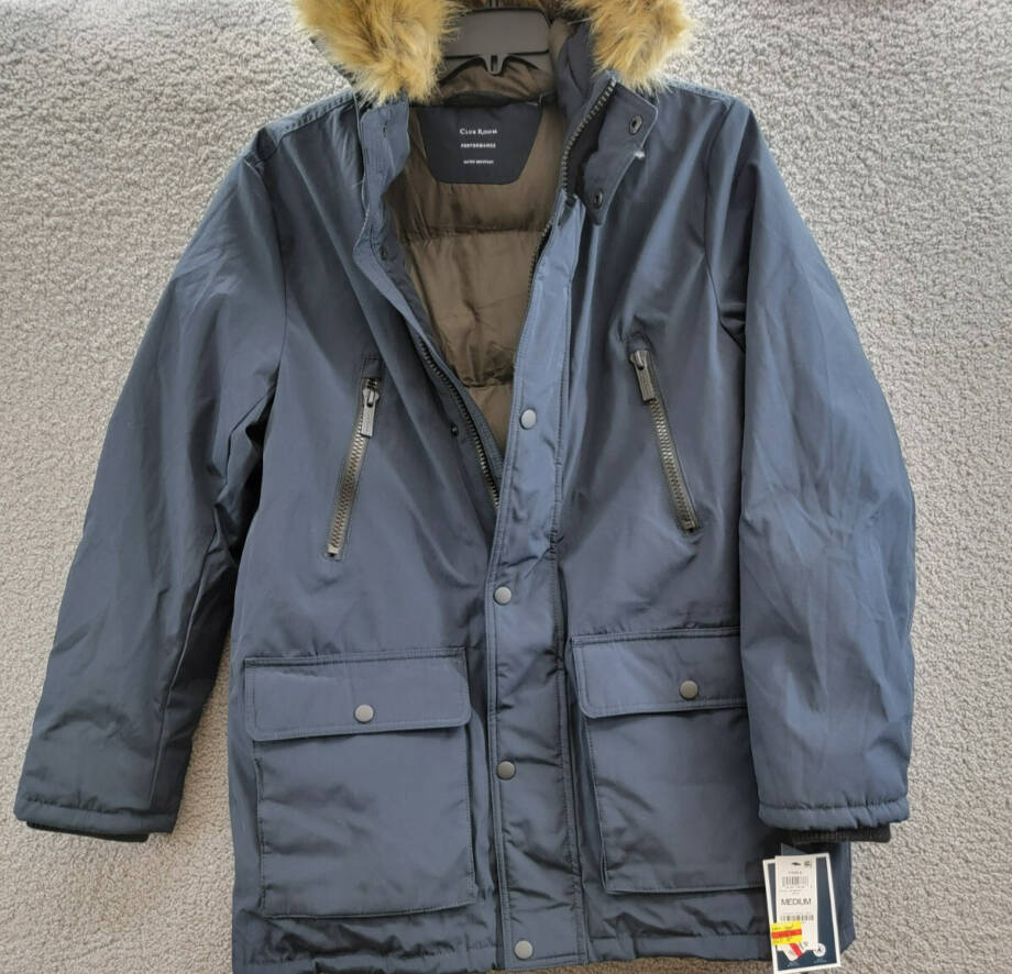 Club Room Parka Faux Fur-Hood Jacket Men's M Navy Pockets Long Sleeve Snap Zip