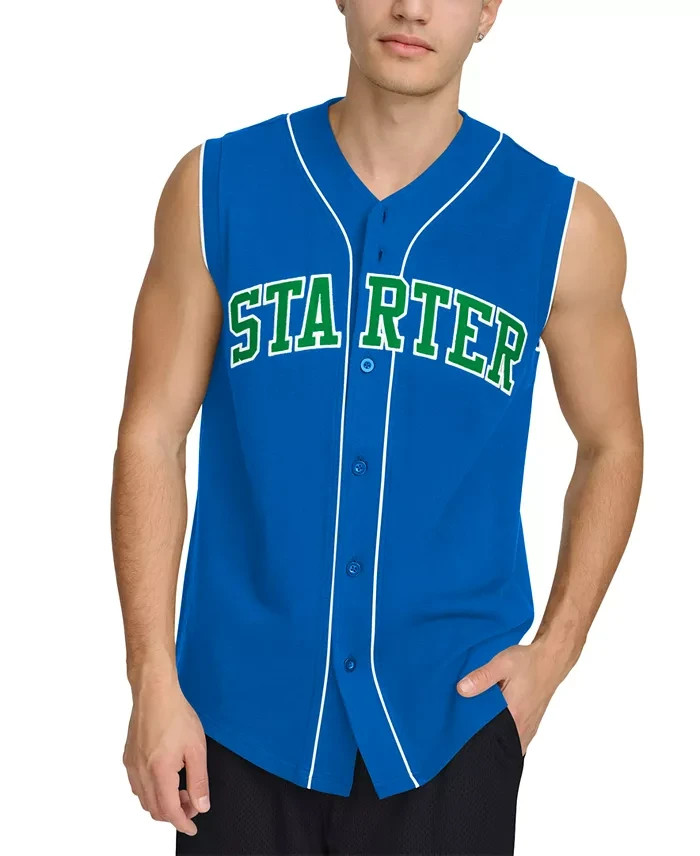 Starter Logo Embroidered Sleeveless Baseball Jersey Men's L Royal Button Front