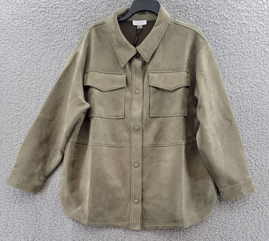 Calvin Klein Long Sleeve Overshirt Jacket Women's XL Dark Olive Point Collar