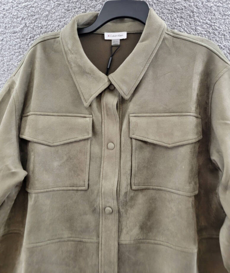 Calvin Klein Long Sleeve Overshirt Jacket Women's XL Dark Olive Point Collar