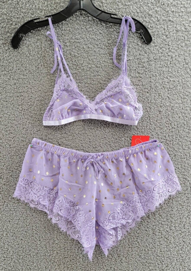 GLITTER 2 Piece Bralette and Short Lingerie Set Women's L Lavender Lace Trim