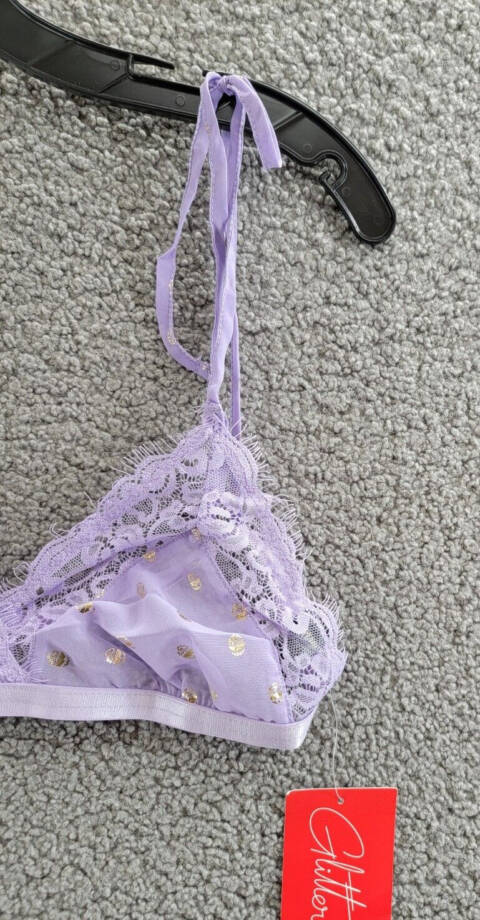 GLITTER 2 Piece Bralette and Short Lingerie Set Women's L Lavender Lace Trim