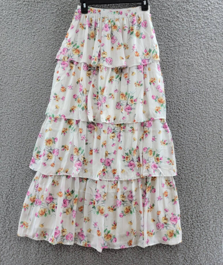 WAYF Sienna Tiered Long Maxi Skirt Women's S Ivory Floral Slit Side Zip Closure