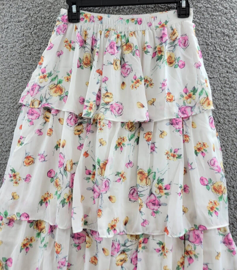 WAYF Sienna Tiered Long Maxi Skirt Women's S Ivory Floral Slit Side Zip Closure