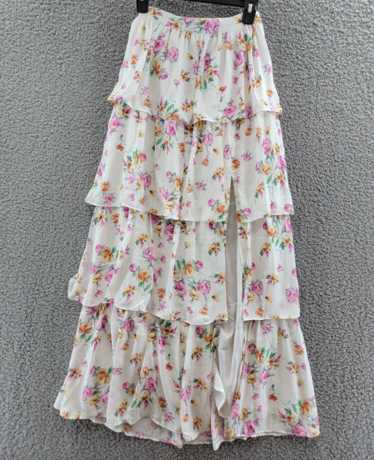 WAYF Sienna Tiered Long Maxi Skirt Women's S Ivory Floral Slit Side Zip Closure