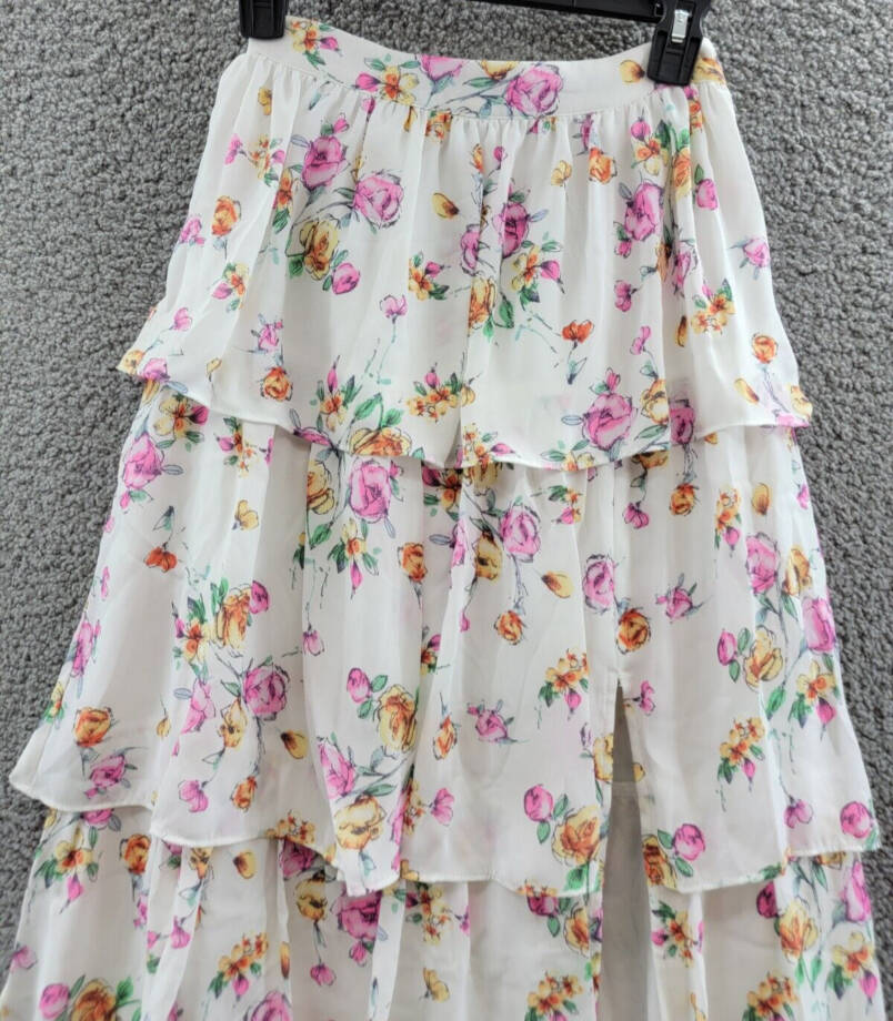 WAYF Sienna Tiered Long Maxi Skirt Women's S Ivory Floral Slit Side Zip Closure