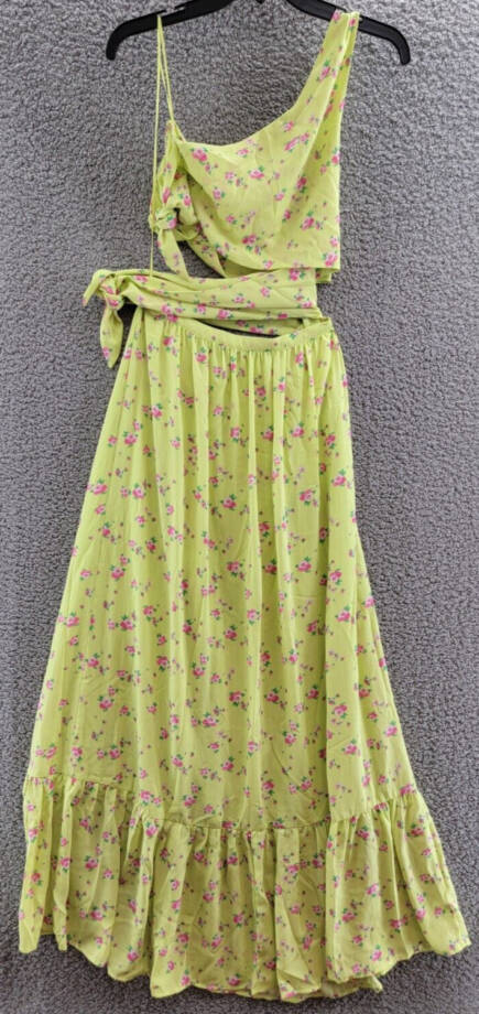 WAYF Darlin One Shoulder Maxi Dress Women's S Lemon Ditsy Midriff Cutout Lined
