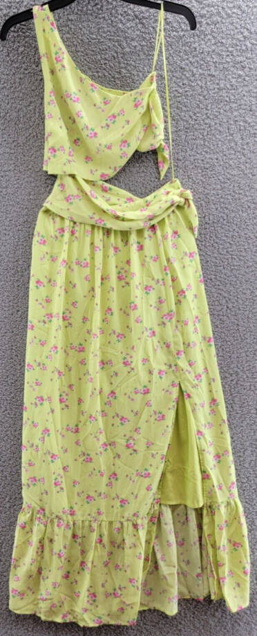 WAYF Darlin One Shoulder Maxi Dress Women's S Lemon Ditsy Midriff Cutout Lined