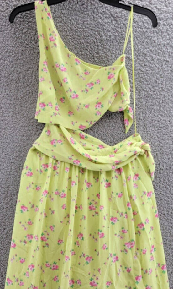 WAYF Darlin One Shoulder Maxi Dress Women's S Lemon Ditsy Midriff Cutout Lined