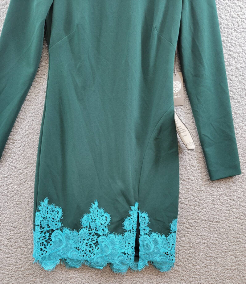 Vince Camuto Lace-Hem Bodycon Dress Women's 2 Hunter Crewneck Zipper Closure L/S