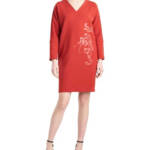 Natori Crepe Appliqué-Detail Shift Dress Women's M Burnt Orange V-Neck Pullover