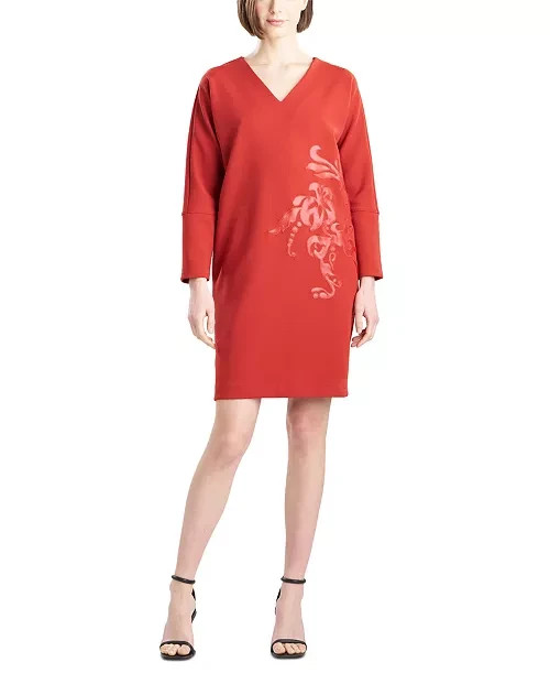 Natori Crepe Appliqué-Detail Shift Dress Women's M Burnt Orange V-Neck Pullover