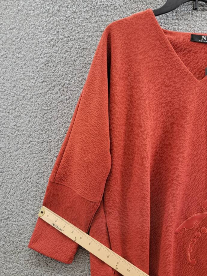 Natori Crepe Appliqué-Detail Shift Dress Women's M Burnt Orange V-Neck Pullover