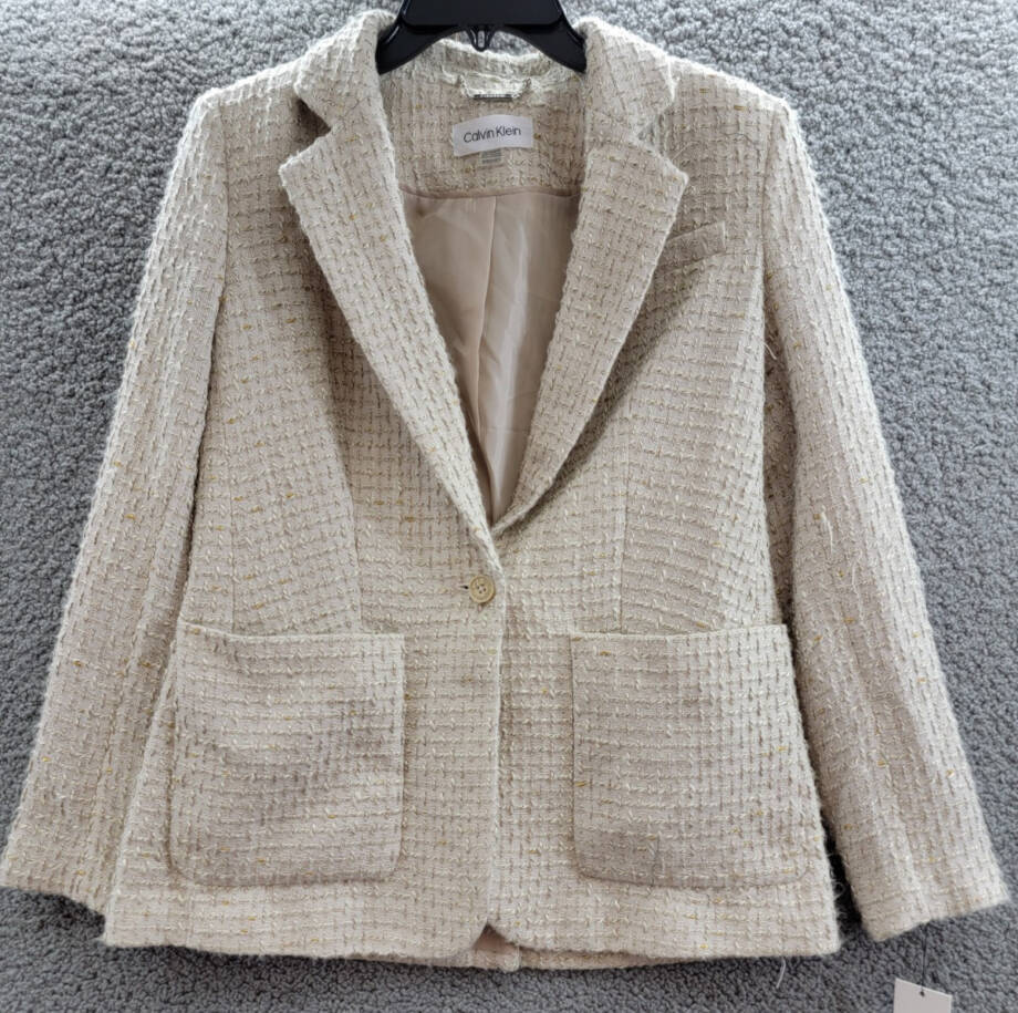 Calvin Klein Petite Patch-Pocket Tonal Tweed Blazer Womens 8P Nomad Multi Button