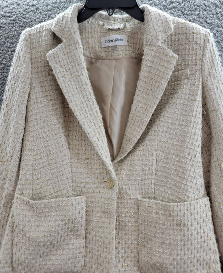 Calvin Klein Petite Patch-Pocket Tonal Tweed Blazer Womens 8P Nomad Multi Button