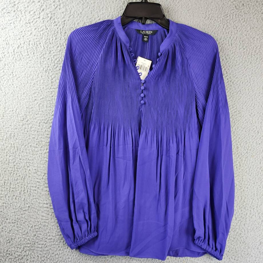 Lauren Ralph Lauren Ruched 1/4-Placket Top Womens XS Violet Amthyst Long Sleeve