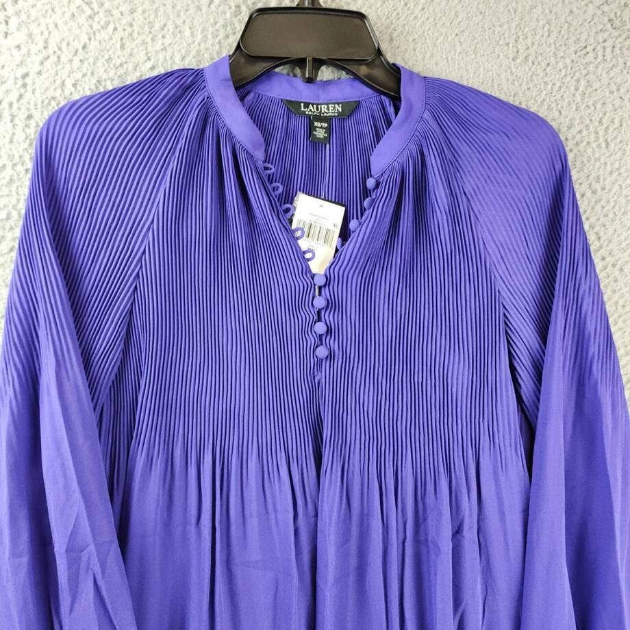Lauren Ralph Lauren Ruched 1/4-Placket Top Womens XS Violet Amthyst Long Sleeve