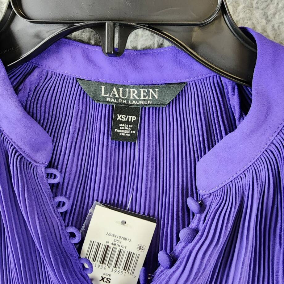 Lauren Ralph Lauren Ruched 1/4-Placket Top Womens XS Violet Amthyst Long Sleeve