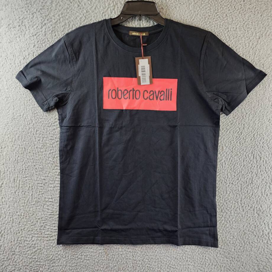 ROBERTO CAVALLI Logo Print T-shirt Men's XL Black Crewneck Pullover Short Sleeve