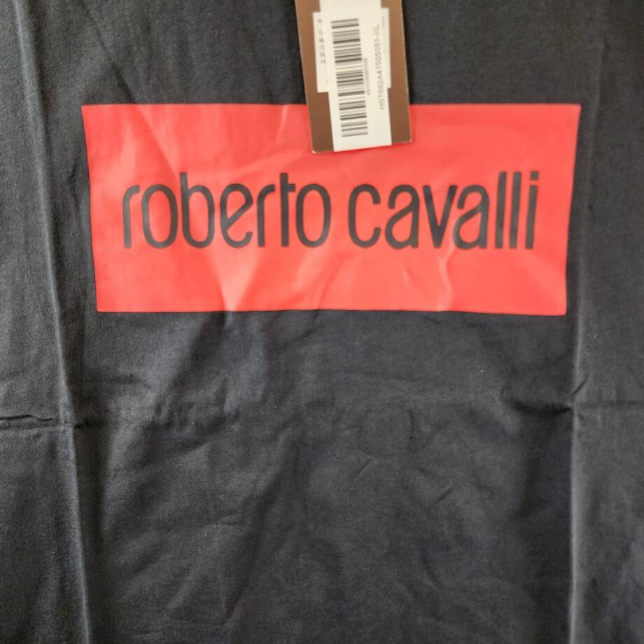 ROBERTO CAVALLI Logo Print T-shirt Men's XL Black Crewneck Pullover Short Sleeve