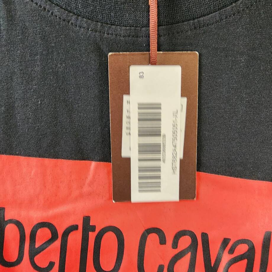 ROBERTO CAVALLI Logo Print T-shirt Men's XL Black Crewneck Pullover Short Sleeve