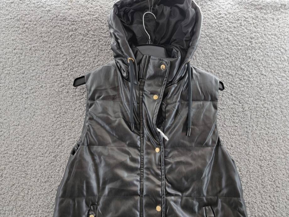 Love Token Long Puffer Vest Women's XS Black Solid Hooded Snap Zip Closure