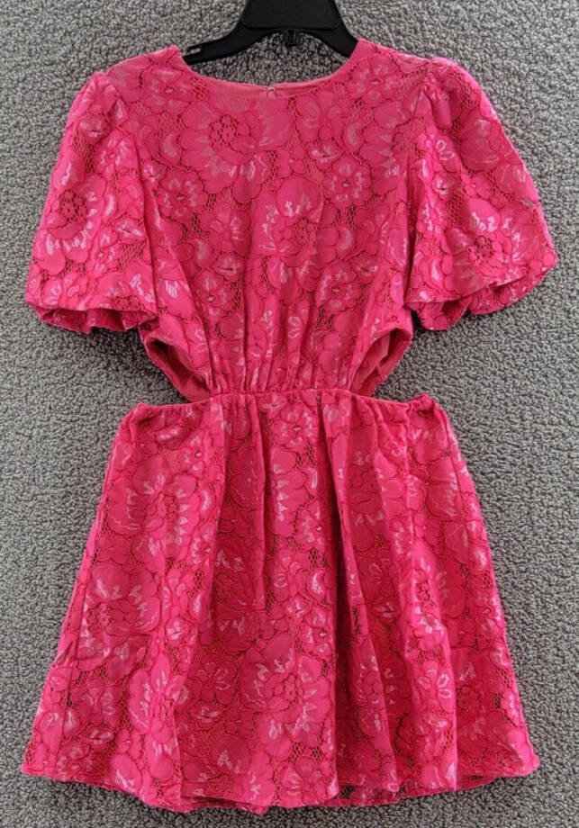 WAYF Plaza Lace Mini Dress Women's S Magenta Round Neck Zip Closure Short Sleeve