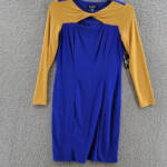 KASPER Colorblock Knot-Neck Sheath Dress Women's S Royal Blue/Gold Pullover L/S