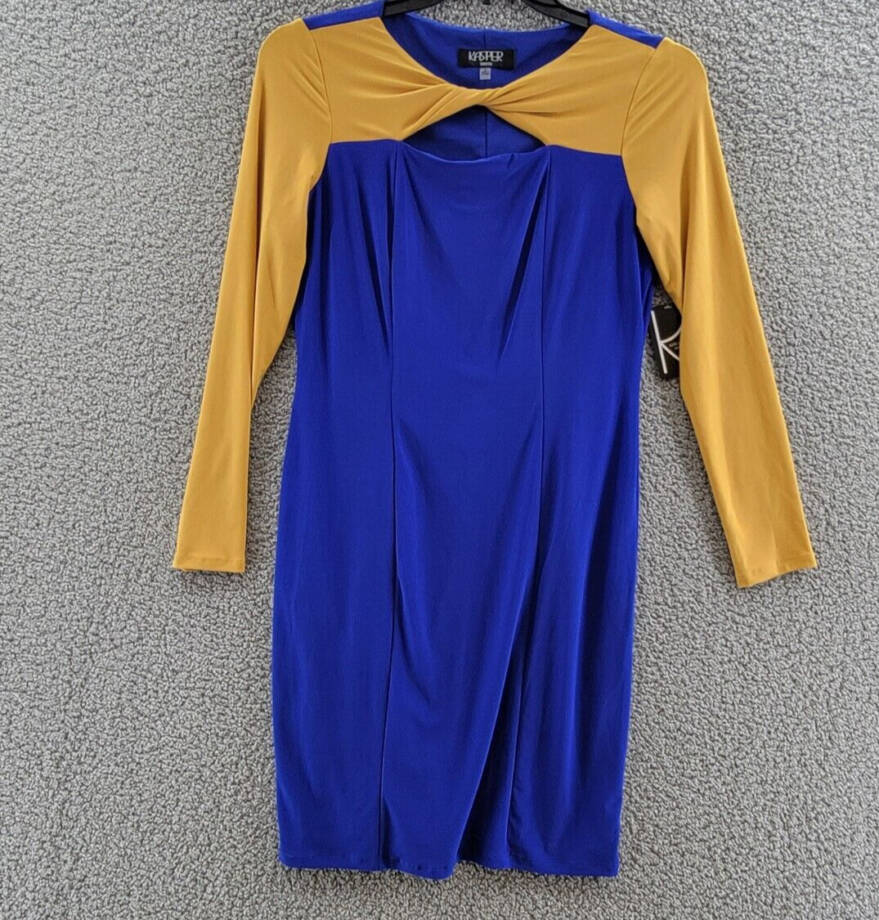 KASPER Colorblock Knot-Neck Sheath Dress Women's S Royal Blue/Gold Pullover L/S