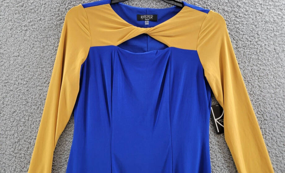 KASPER Colorblock Knot-Neck Sheath Dress Women's S Royal Blue/Gold Pullover L/S