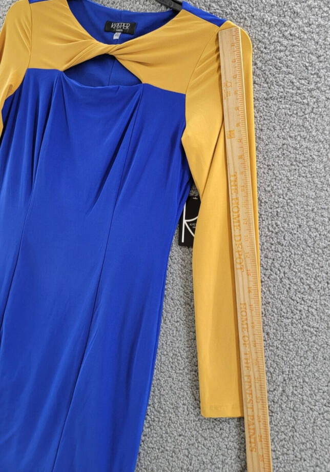 KASPER Colorblock Knot-Neck Sheath Dress Women's S Royal Blue/Gold Pullover L/S