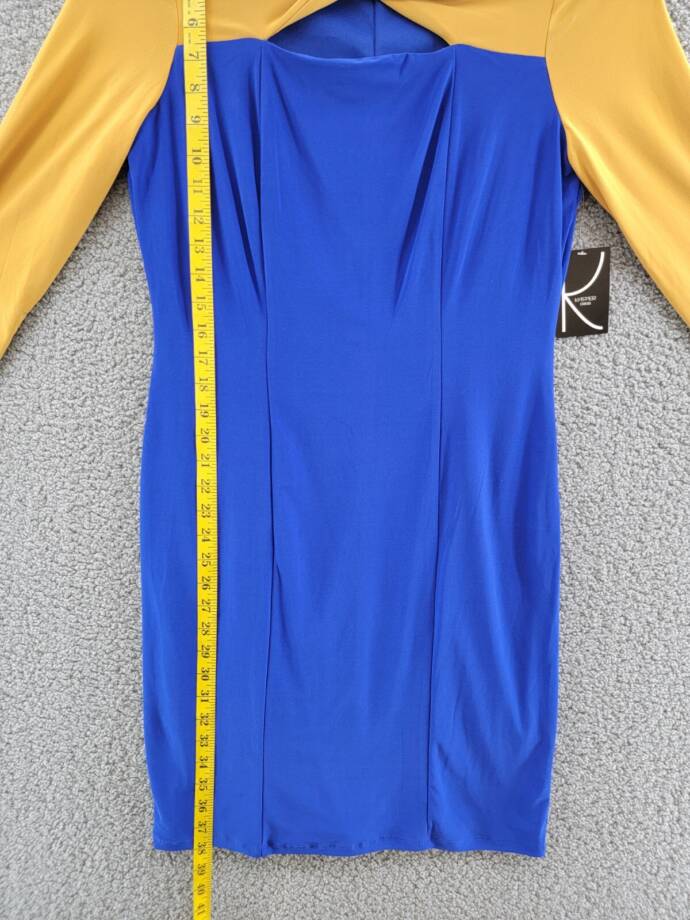KASPER Colorblock Knot-Neck Sheath Dress Women's S Royal Blue/Gold Pullover L/S