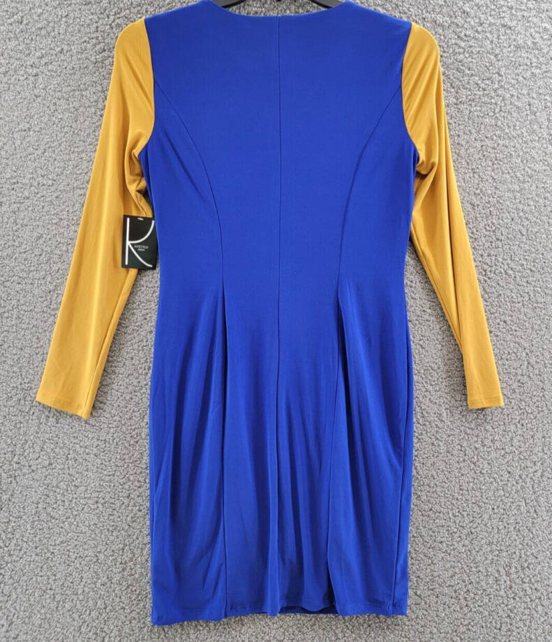 KASPER Colorblock Knot-Neck Sheath Dress Women's S Royal Blue/Gold Pullover L/S